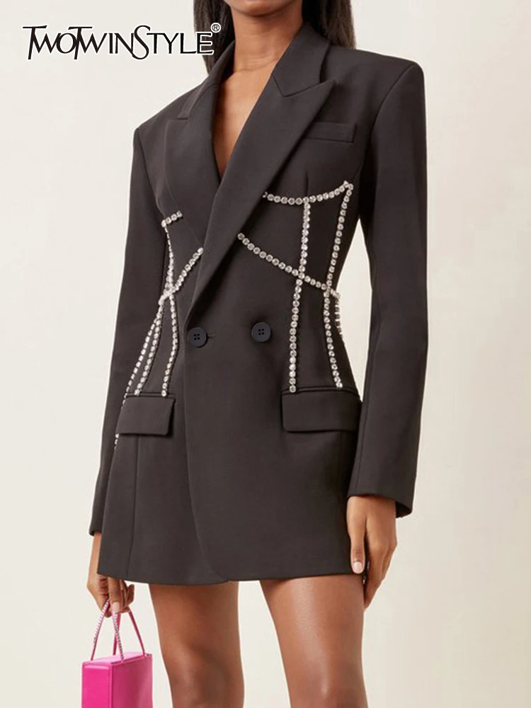 

TWOTWINSTYLE Patchwork Chain Blazers Female Notched Long Sleeve Solid Chic Blazer Female Fashion Casual 2023 Spring Clothing New