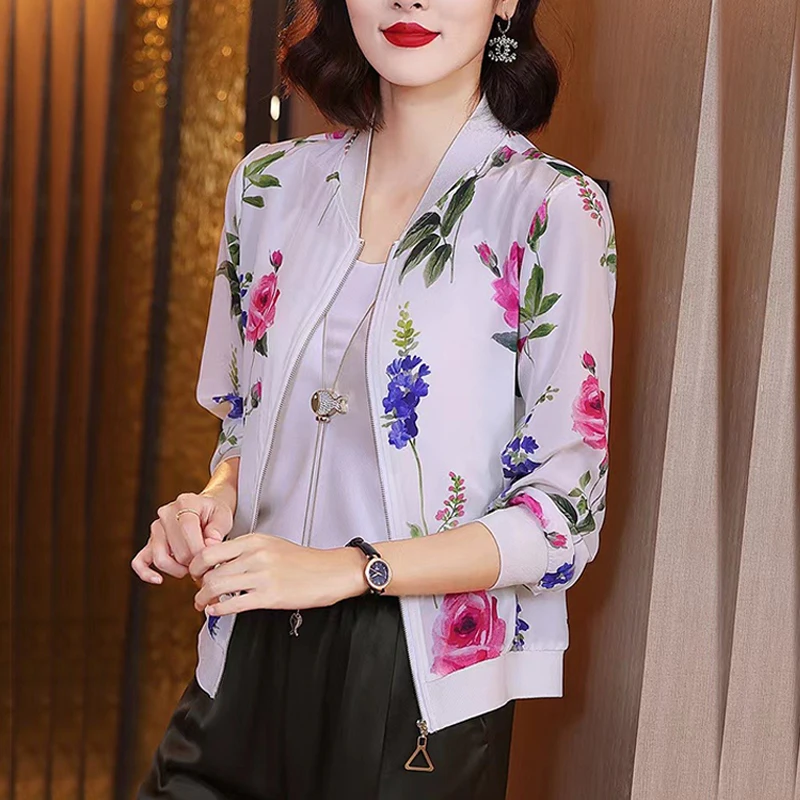 

2022 Korean Summer Chiffon Print Jacket Women Long Sleeve Thin Female Sunscreen Coat Jackets Loose Overcoat Baseball New Clothes