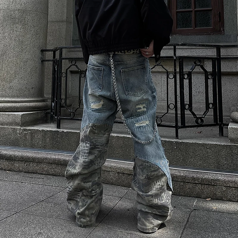 PFNW American High Street Design Camouflage Splicing Destruction Jeans Men's Loose Causal StraightWide Leg Pants Tide 12C1809