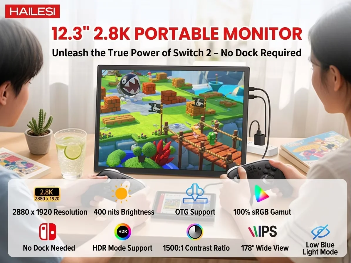 Фото Портативный монитор HAILESI S123P 12,3 дюйма 2.8K для Switch/Switch 2, мини-монитор для путешествий 2880*1920 400 нит. №3