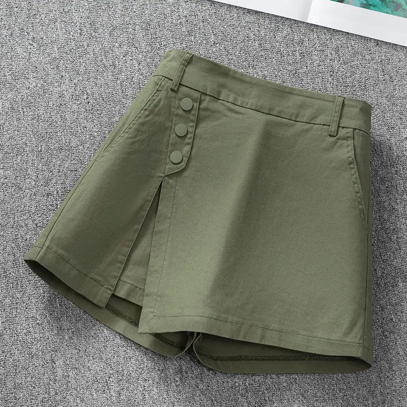 new summer literary wide-leg shorts skirt  Cotton  Casual  Solid  A-LINE  Button  Above Knee, Mini  Slight Strech