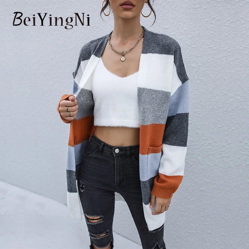 

Beiyingni 2022 Autumn Winter Women's Open Cardigan Wide Striped Spell Color Long Sleeve Midi Sweater Femme Casual Loose Gray Top