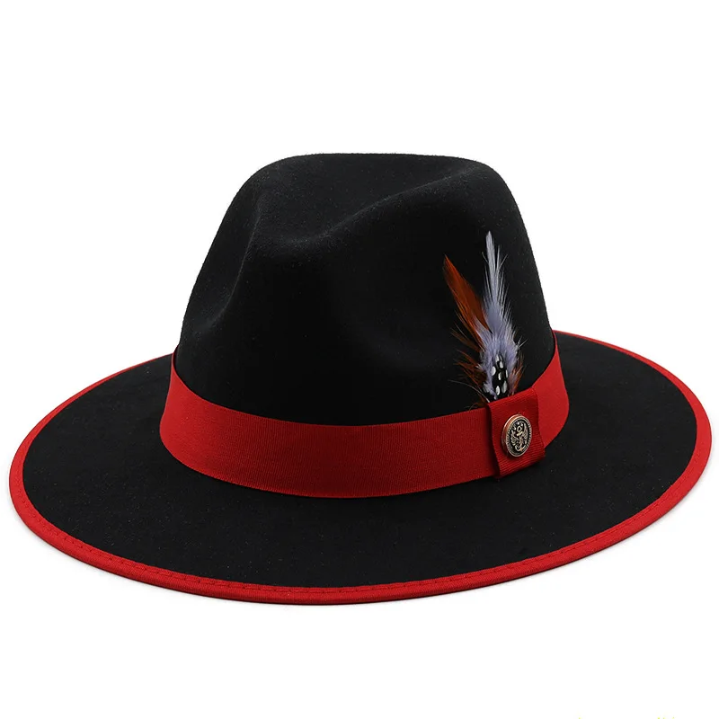 

Fashion Edging Solid Color Feather Webbing Wool Felt Hat European and American Autumn and Winter Party Flat Brim Jazz Hat