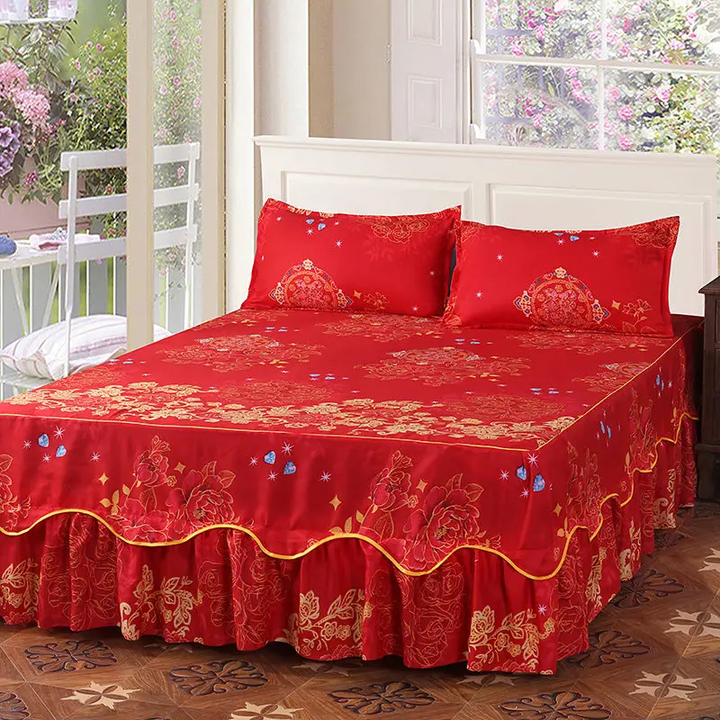

Fashion Soft Sanding Bedspread Anti-skip Wedding Bed skirt Queen King Size No Pilling Fitted Sheet Cover Double Layer Bed Cover