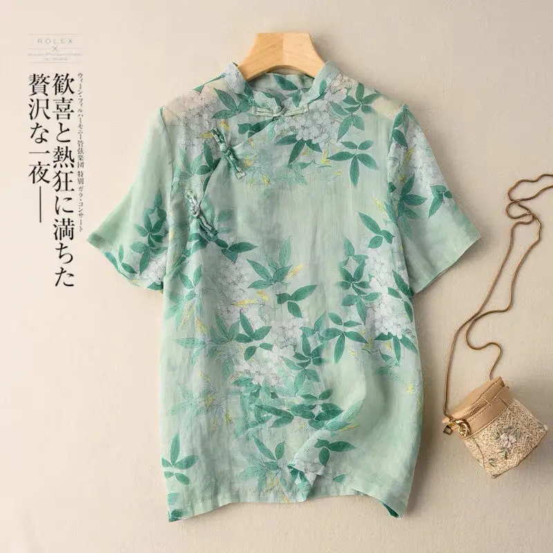 

Stand Collar Retro Buckle Floral Print Shirts Tops Women 2022 Summer Short Sleeve Vintage Chinese Style Blouses Ladies Loose Tee
