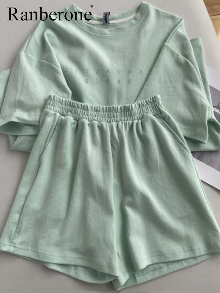 Ranberone Women O Neck Letter Short-sleeved T-shirt and Shorts Suit Summer New loose Casual Two-piece Sets Korean Women's Sets