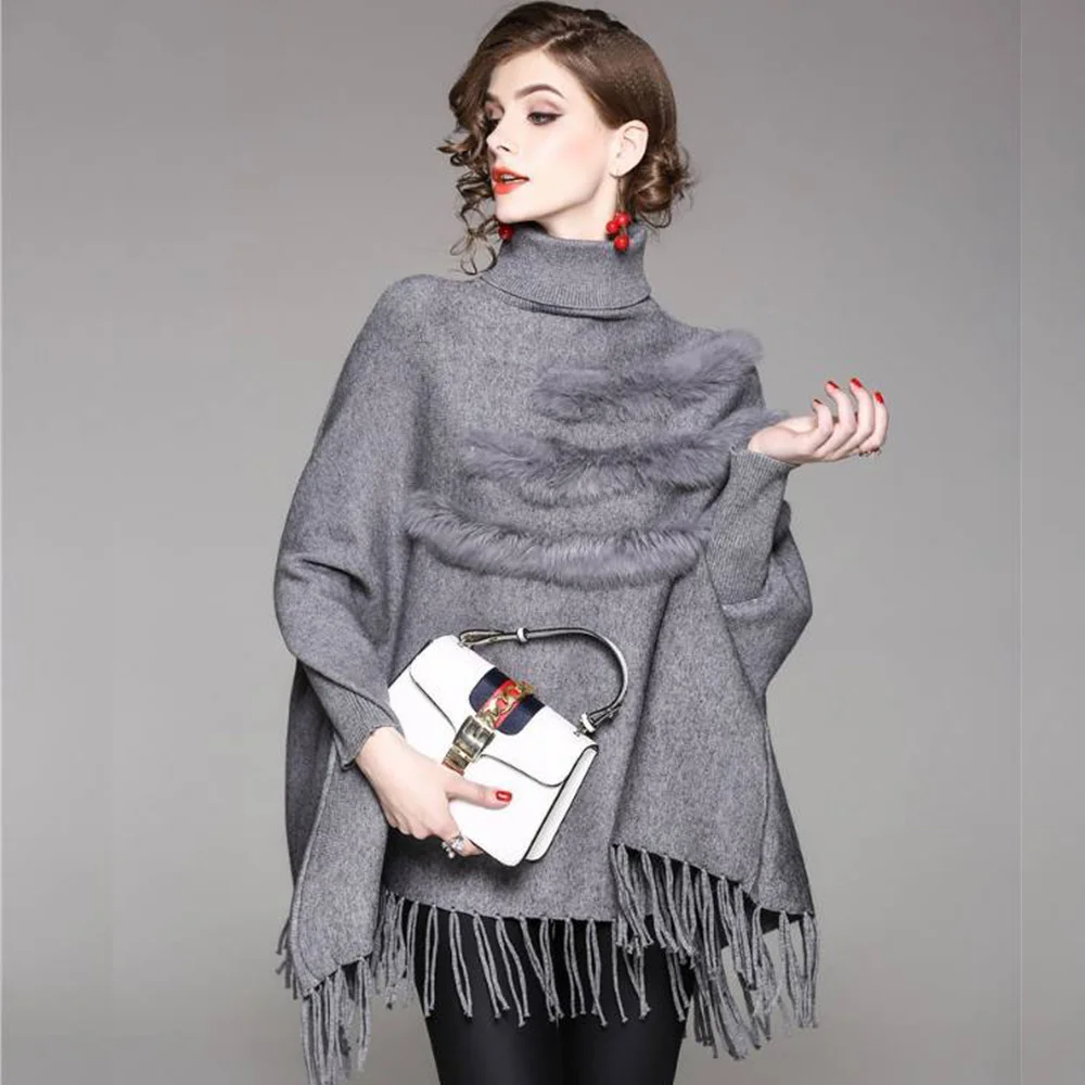 

Loose Outer 2023 Wear New Korean Version Of The High-necked Rabbit Fur Bat Sleeves Solid Color Fringed Irregular Knitted Sweater
