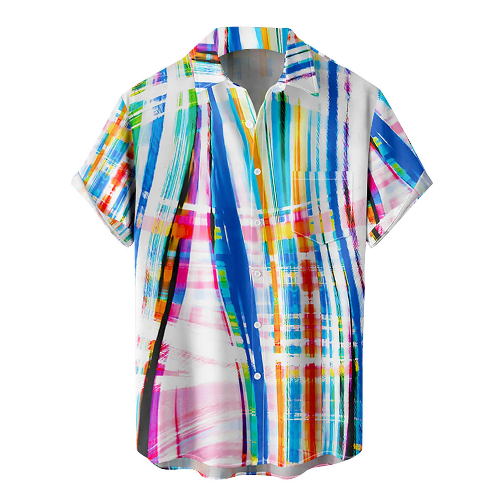 

New Fashion High Quality Men Multi Color Patchwork Shirts Casual Pockets Short Sleeve Loose Shirt 2022 Summer Hawaiian Shirt