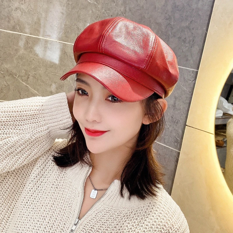 

Fashion Solid Color Octagonal Cap Hats Female Autumn Winter Leather Panama Stylish Artist Painter Newsboy Caps Beret Woman Hat