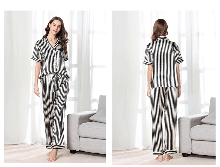 Women's 2 Piece Set Silk Satin Home Clothes Pajamas V Neck Print Sleepwear Short Sleeve Nightwear Suit Female  Pijama
