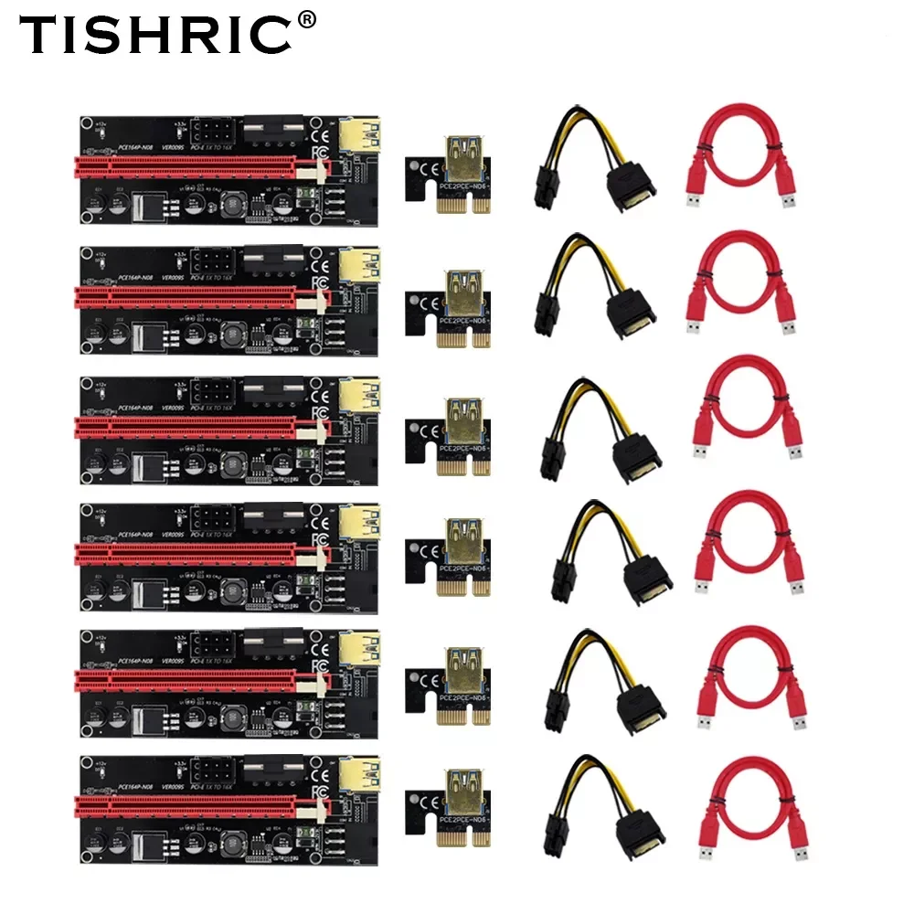 

6 шт. TISHRIC gpu PCIE PCI-E Райзер 009S карта PCI E X16 PCI Express 6Pin к SATA 1X 16X USB3.0 удлинитель светодиодный для майнинга ETH BTC