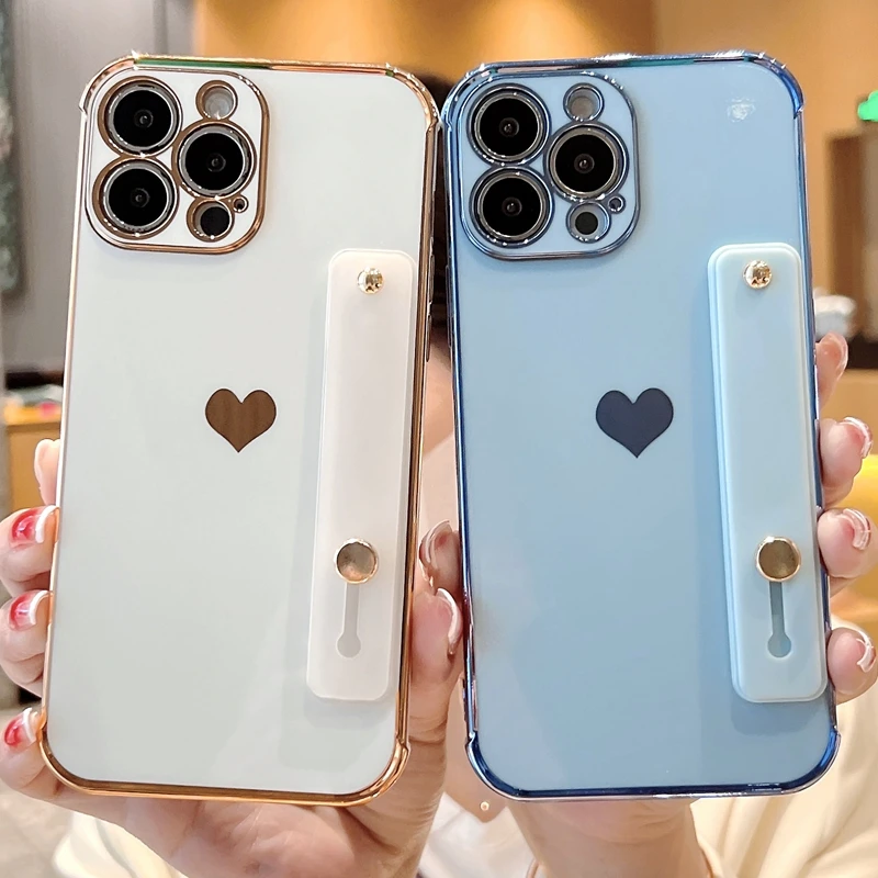 

Soft Love Heart Wrist Strap Case For iPhone 11 12 13 Pro Max XS X XR 7 8 Plus SE 2020 Mini Shockproof Bumper Kickstand Cover