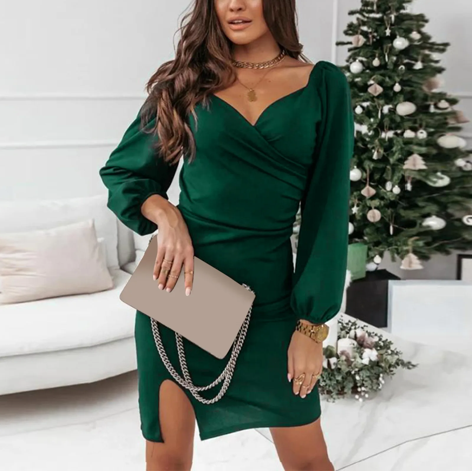 

2023 элегантное женское мини-платье с рюшами, Сексуальное Тонкое Платье с V-образным вырезом, весенние женские модные однотонные облегающие платья с длинным рукавом