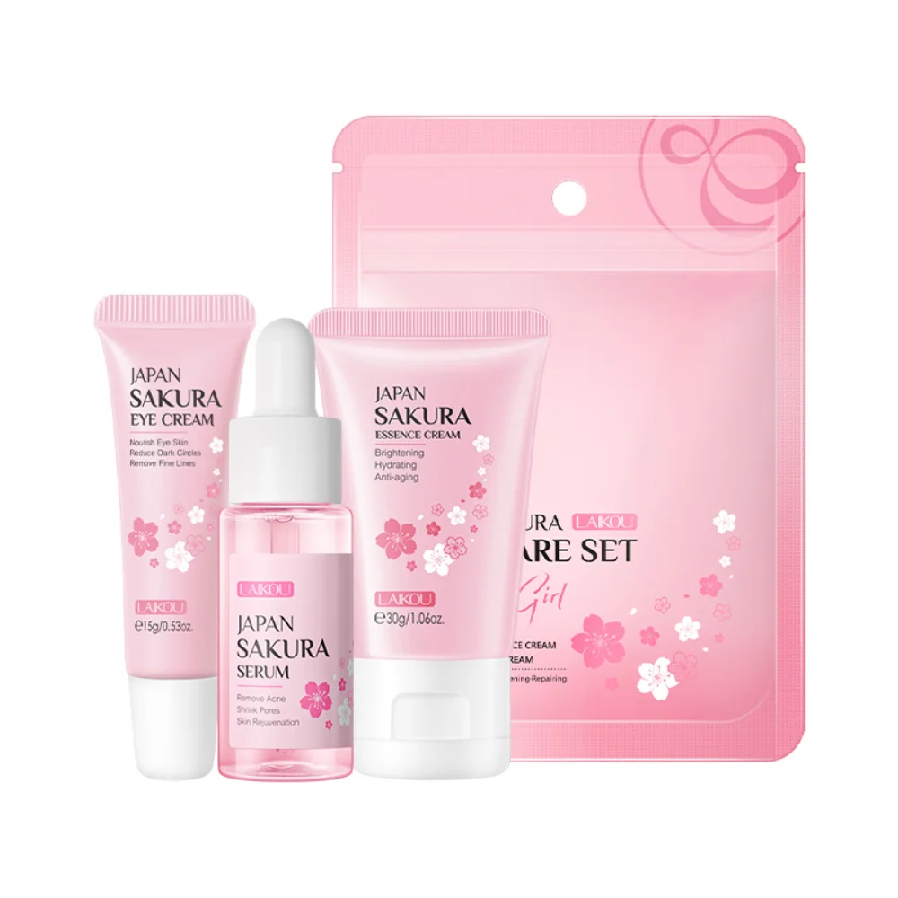 

3piece Sakura Skin Care Kit Face Serum Whitening Facial Cream Cleaning Moisturize Fade Dark Circles Eye Cream Essence Set Beauty