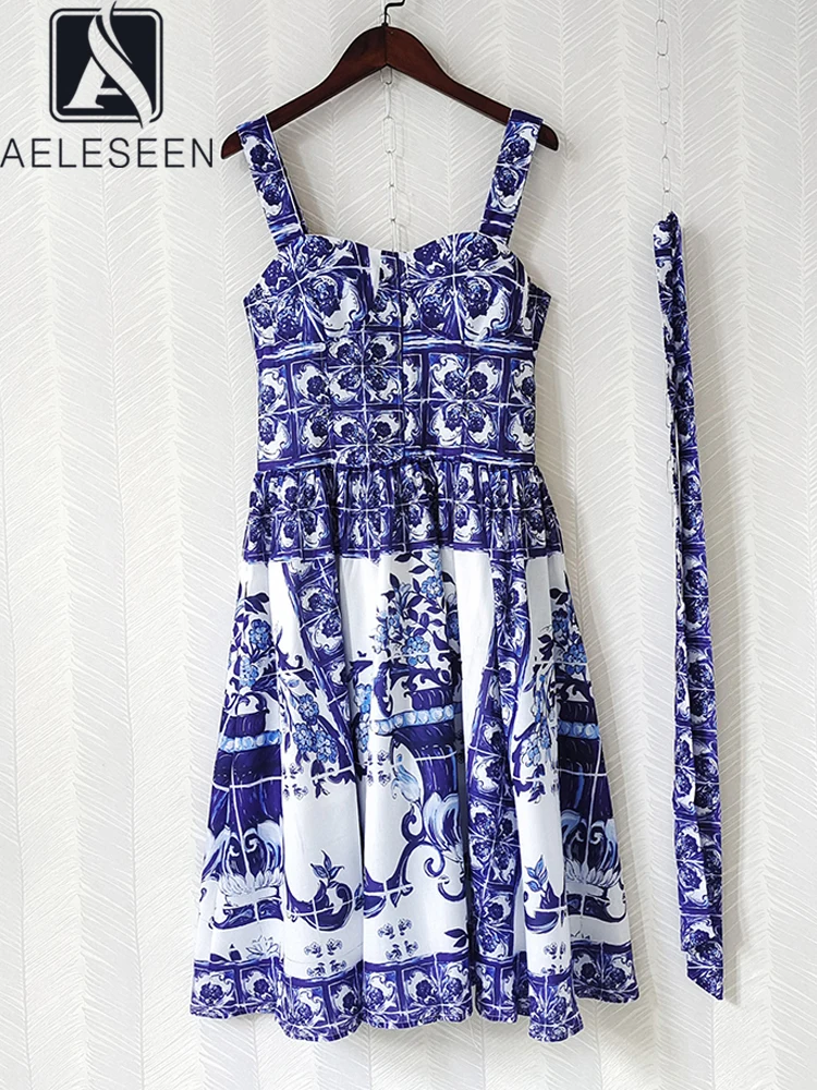 

AELESEEN 2022 Summer Women Sicilian Dress Runway Fashion Spaghetti Blue Porcelian Printed Elastic Belt LMidi Party Camisole