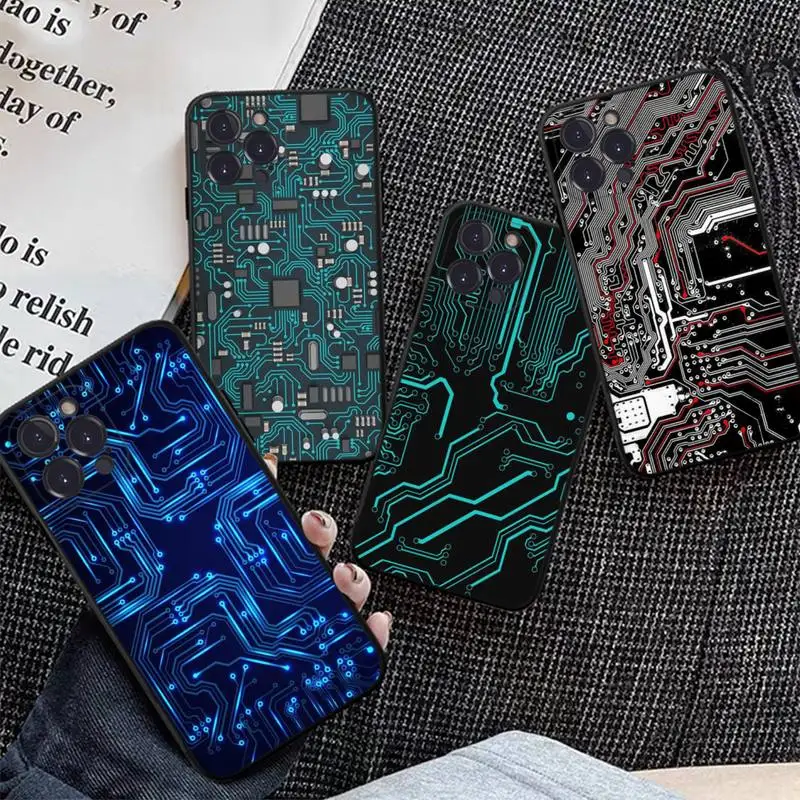 

Gold Plated Circuit Board Pattern Phone Case For iPhone 13 Pro MAX 14 11 12 Mini X XS XR 6 7 8 Plus SE 2020 Soft TPU Cover