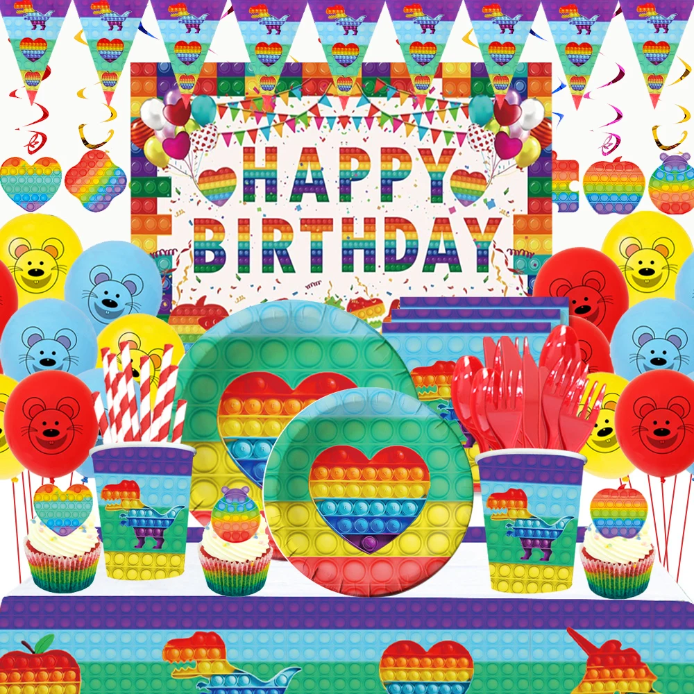 

Fidget Toys Popit Party Supplies Disposable Tableware Paper Cups Plates Balloons Set Baby Shower Kids Birthday Party Decoration