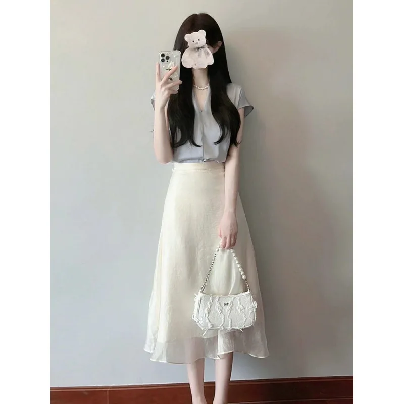 Summer cool and cute, pure sexy, hot girl, light, mature, yujie, fried, street feeling, temperament, top, two-piece suit, skirt