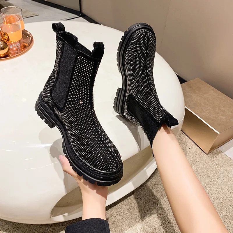 

Crystal Boots Women New 2022 Shoes Luxury Designer Round Toe Rhinestone Med Rubber Fashion Ankle Ladies Autumn Leather Basic So