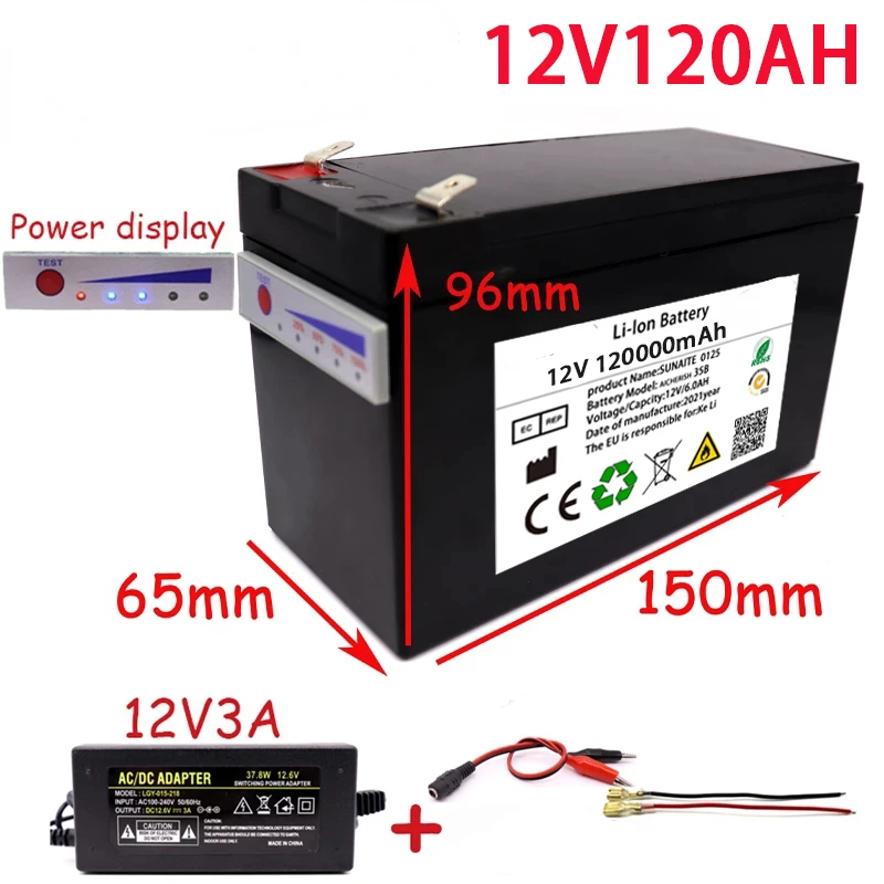 

New Power Display 12v120AH 18650 Lithium Battery Pack Is Suitable For Solar Energy And Electric Vehicle Battery 12.6v 3A Charger
