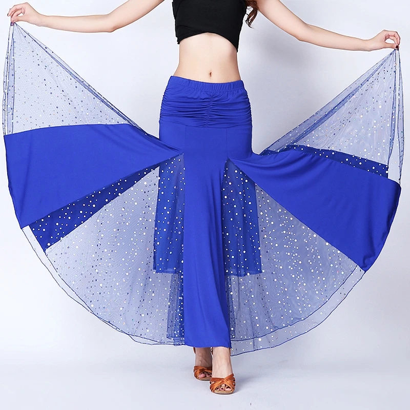 

Elegant Ballroom Dance Long Swing Skirt For Women Mesh Sequins Patchwork Solid Color Waltz Tango Dancewear