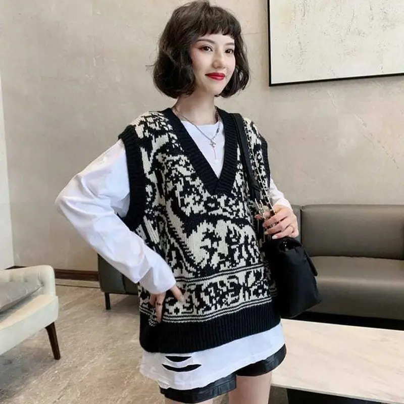 

Vintage Contrast Knitting Vest Top Spring Autumn V Neck Loose All-match Youth Pullovers Sweaters Fashion Casual Women Clothing