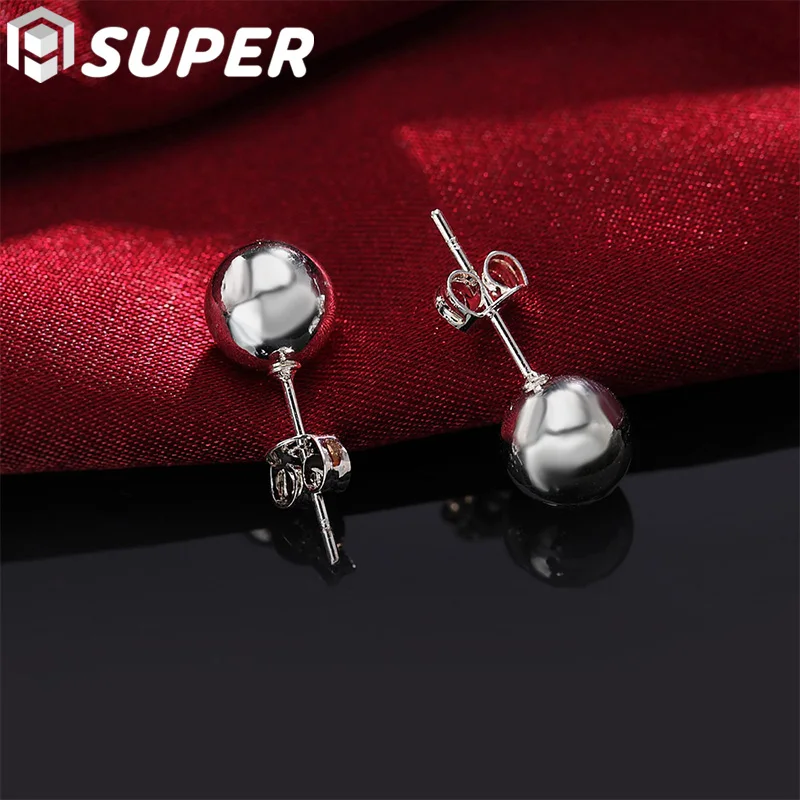 

925 Sterling Silver 8mm/10mm Smooth Ball Bead Earring For Woman Simple Fashion Jewelry