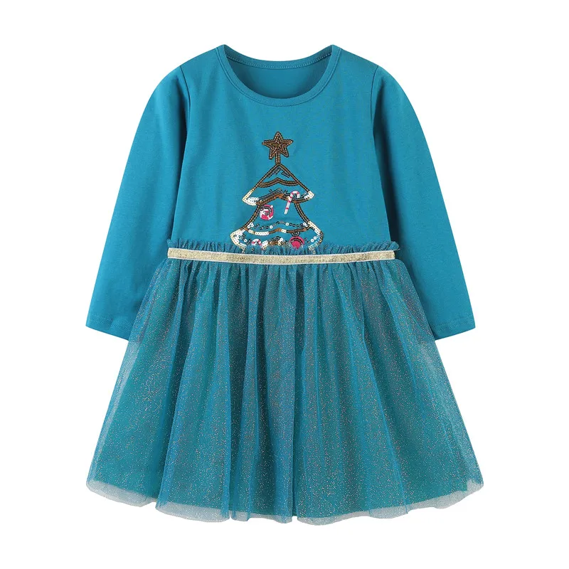 

Zeebread 2-7T Princess Girls Dresses Deer Christmas Tree Long Sleeve Children's New Year Dresses Applique Cute Party Clothing