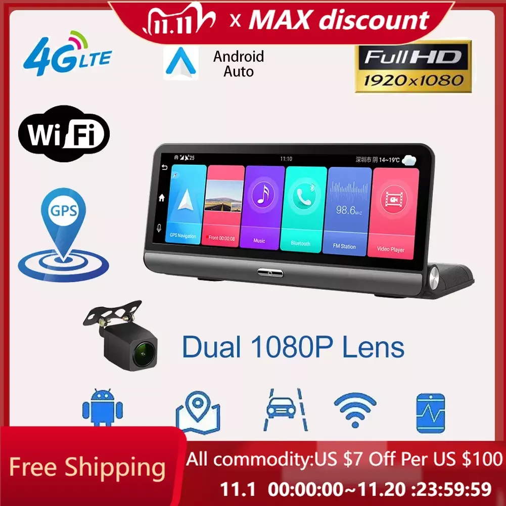 

Android dash cam Dashboard 8" Mirror Car DVR 4G Video Recorder Dual 1080P Lens GPS Navigation with ADAS FM Mirror Link Parking