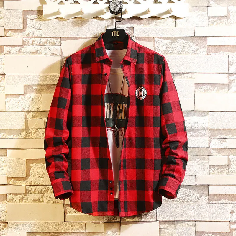 

Men's Streetwear Thick Shirts Men Clothing Harajuku Color Block Plaid Shirt Long Sleeve Male Vintage Korean Fashions Clothes