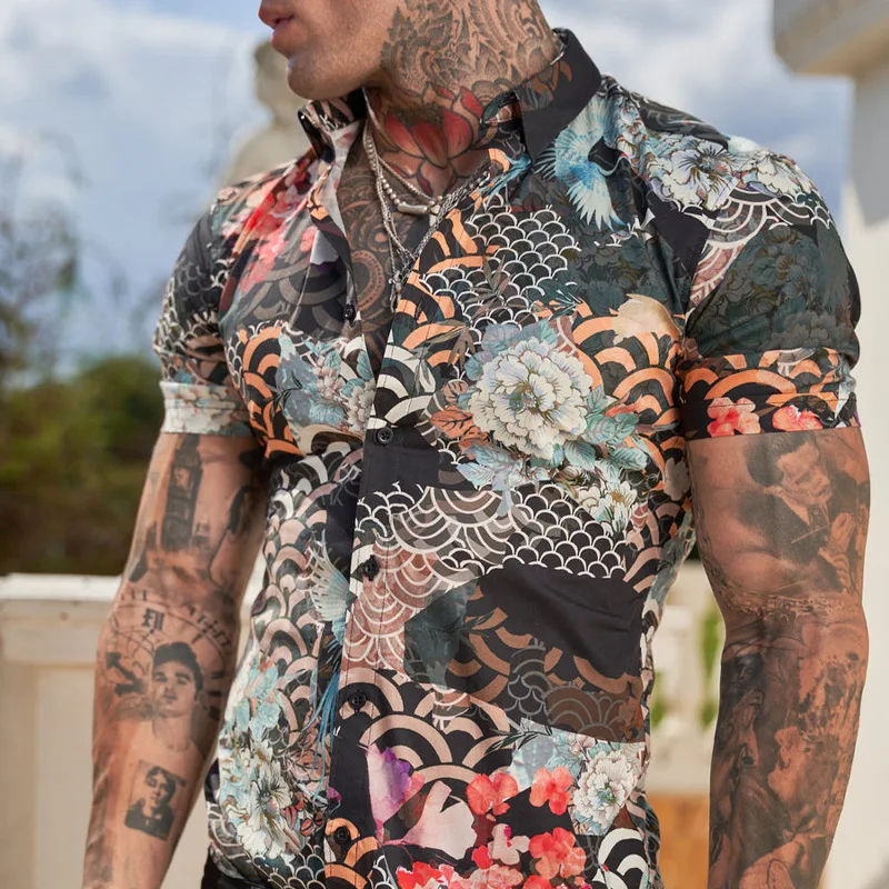 

Hot selling new summer new men's European and American retro trend shirts single row cardigan casual short-sleeved shirts men