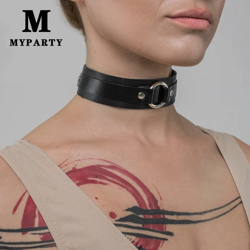 

Harajuku Punk Leather Choker Necklace With Metal Round Ring Buckle Style Bondage Belt Collar Gothic Club Wide Neck Accessories