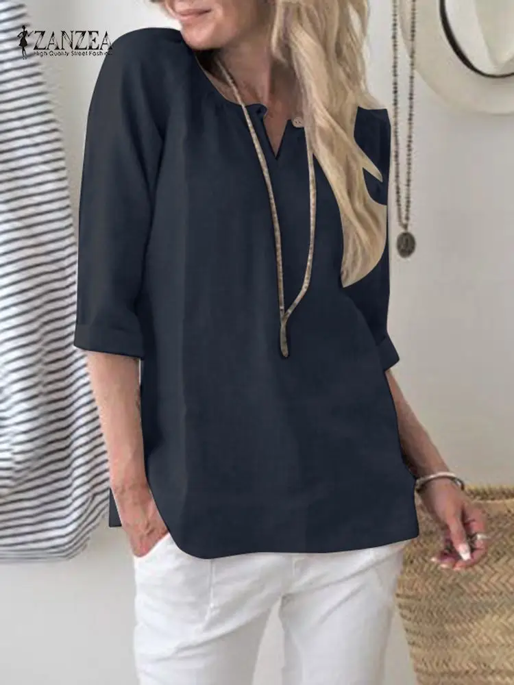 

Модная Повседневная однотонная хлопковая рубашка, женская блузка с круглым вырезом и длинным рукавом, топы ZANZEA в стиле оверсайз, женские эл...