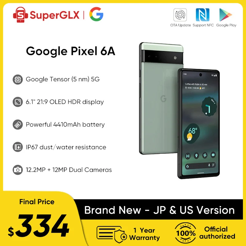  Original Google Pixel 6A 5G Smartphone 6GB RAM 128GB ROM 6.1" NFC Octa Core Android 12 IP67 dust/water resistant MobilePhone 