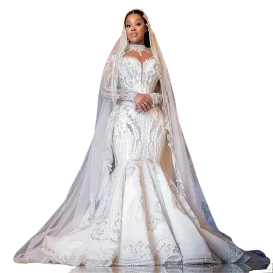 

Sparkly Saudi Arabia Mermaid Wedding Dress High Neck Illsion Long Sleeve Bridal Gowns Crystal Bride robes de mariee 2023