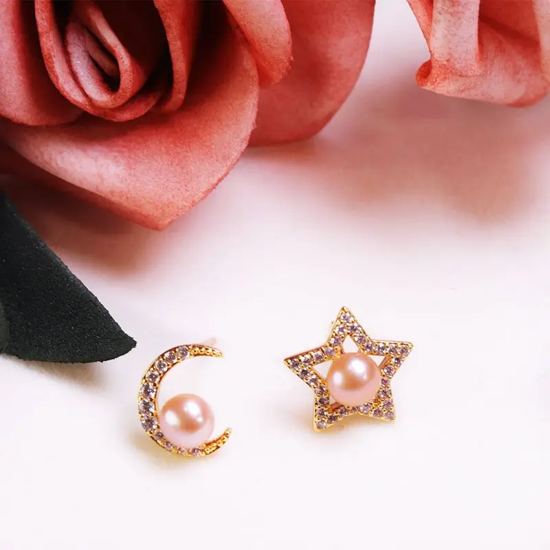 

Korean Fashion Freshwater Pearls Sterling Silver 925 Plated 14k Gold Stud Earrings Moon Star Women Jewelry Wedding Party Gift