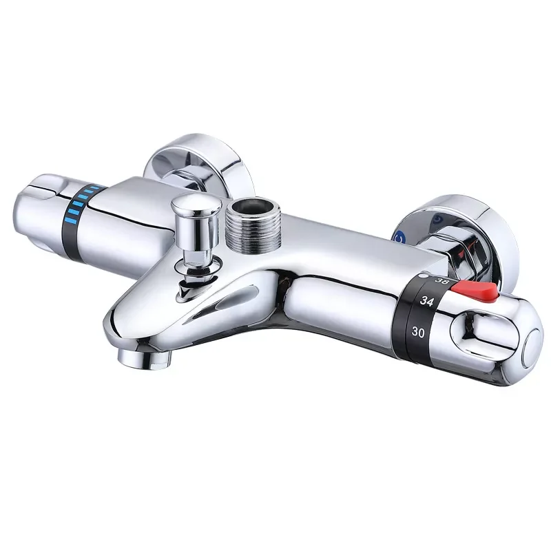 

Chrome Thermostatic Bathtub Faucet Wall Install Temperature Control All Brass Connect Tube and Spray Handheld Shower Tap