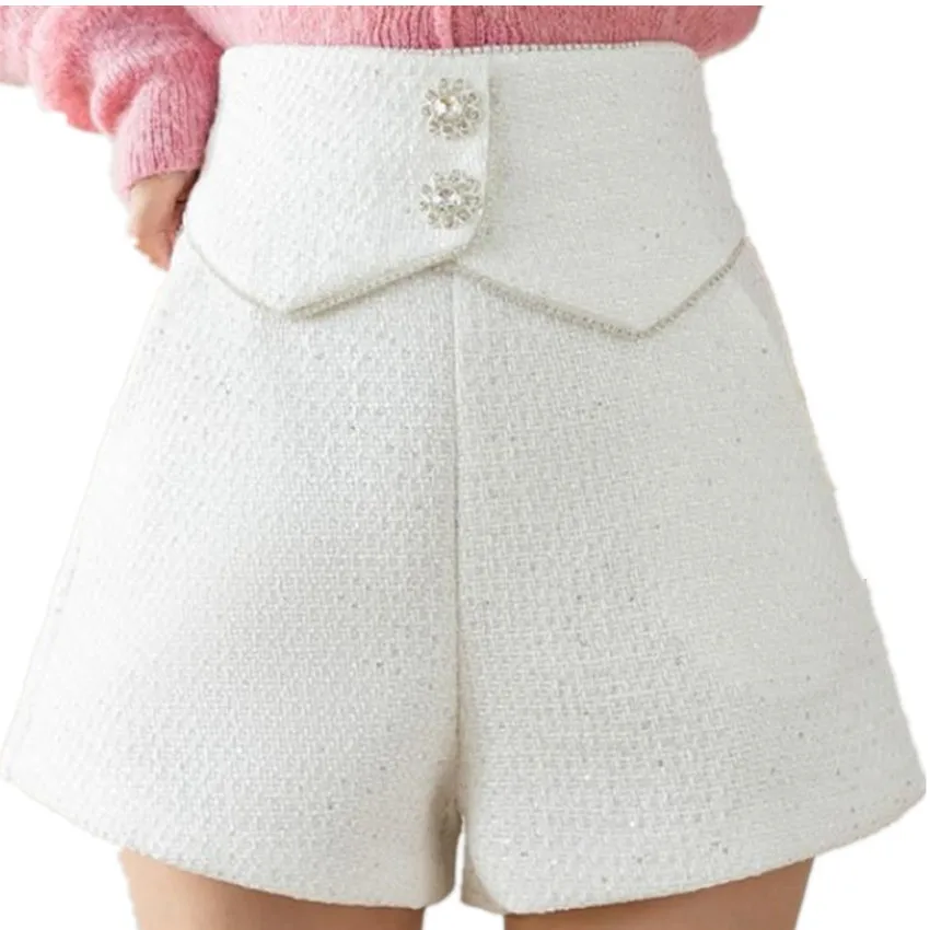 Small Fragrance Tweed Wool Sequined Shorts Women High Waist Autumn Winter Wide Leg Boots