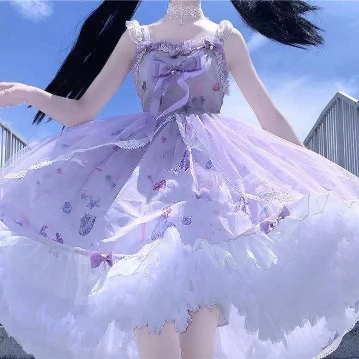 

Сетчатое лоскутное длинное вечернее платье, элегантное милое женское платье на бретелях без рукавов с принтом феи и бантом для студентов