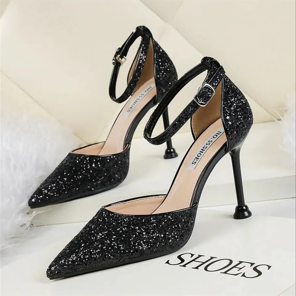 

Women Cool High Quality Silver Buckle Strap Stiletto Heels Lady Golden Comfort Crystal Heel Pumps Mujeres Tacones Altos F100b