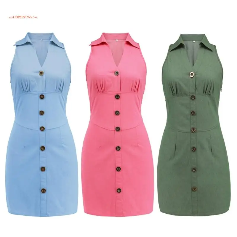 

Womens Casual Summer Sleeveless Lapel V-Neck Slim-Fitted Denim Short Dress Button Down Solid Color Empire Waist Dresses