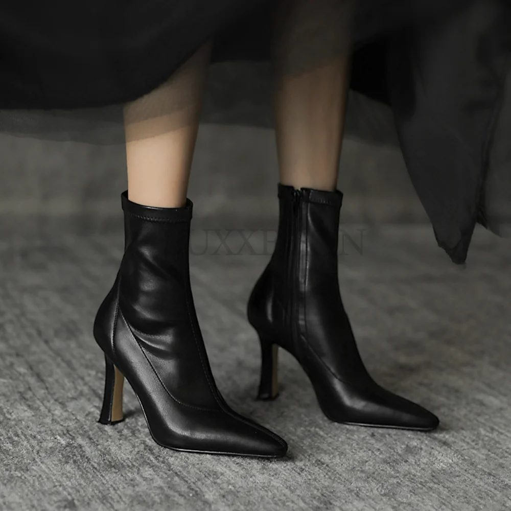 

High Heels Dress Shoes Pointed Toe Bare Boots Black Booties Thin Heeled Fashion Ankle Boots Retro Ladies Shoes Botas
