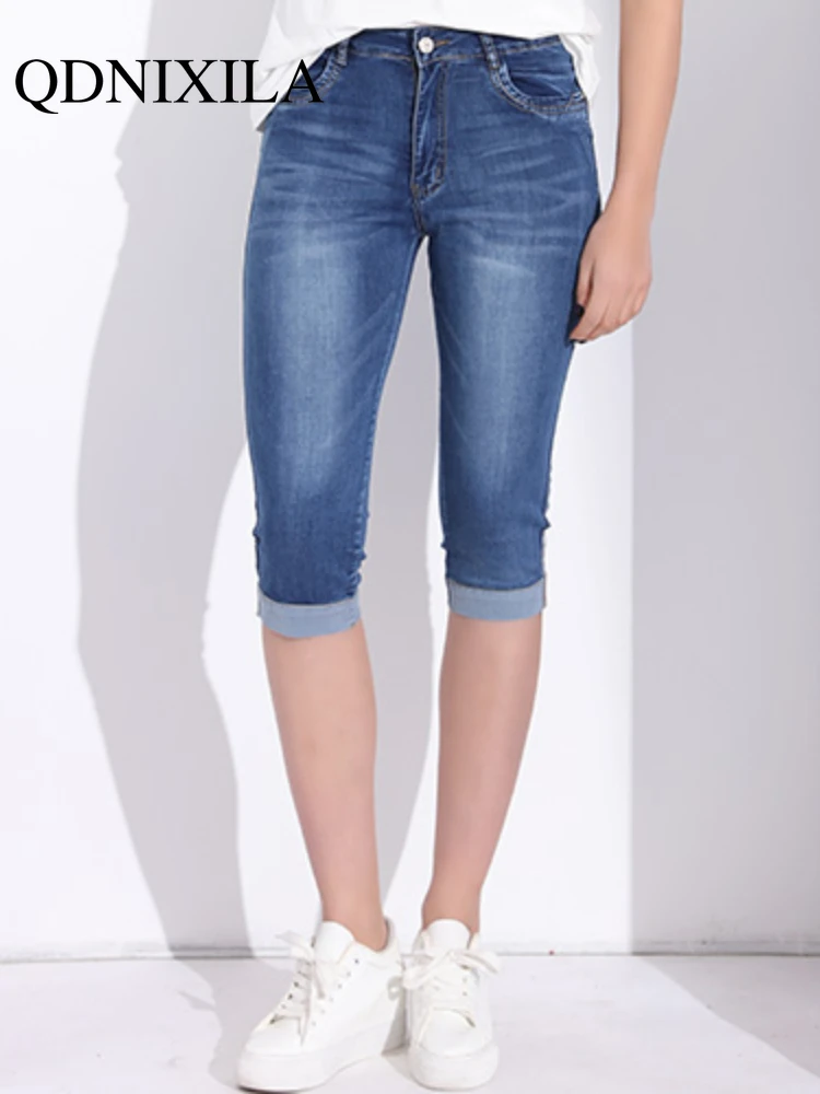 

Woman's Jeans Black Denim Pants Ladies Cropped Trousers Skinny Knee Length Jeans Women Elastic High Waist Mom Jeans Oversize