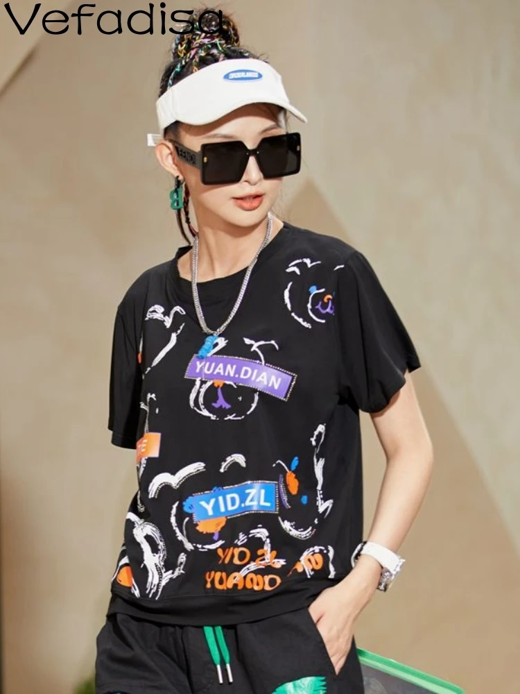 

Vefadisa 2023 Summer New Cartoon Print T-shirt Personalized Women Black And White Casual Loose Trendy Girl Short Sleeve ZY1164