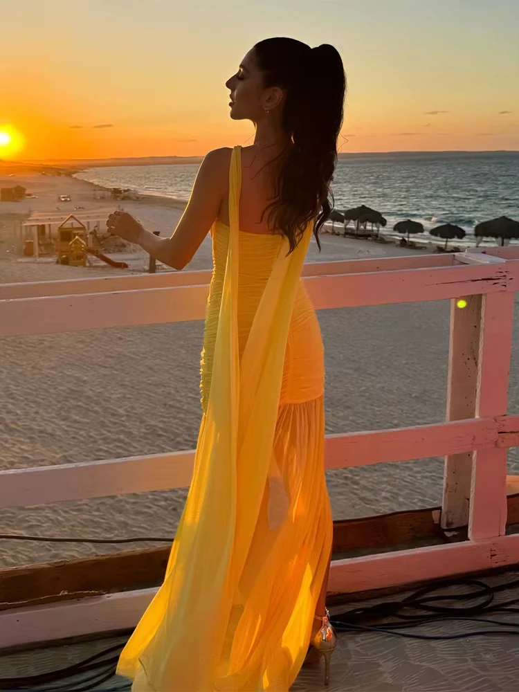 Женское сексуальное сетчатое желтое платье макси без рукавов длинное бандажное