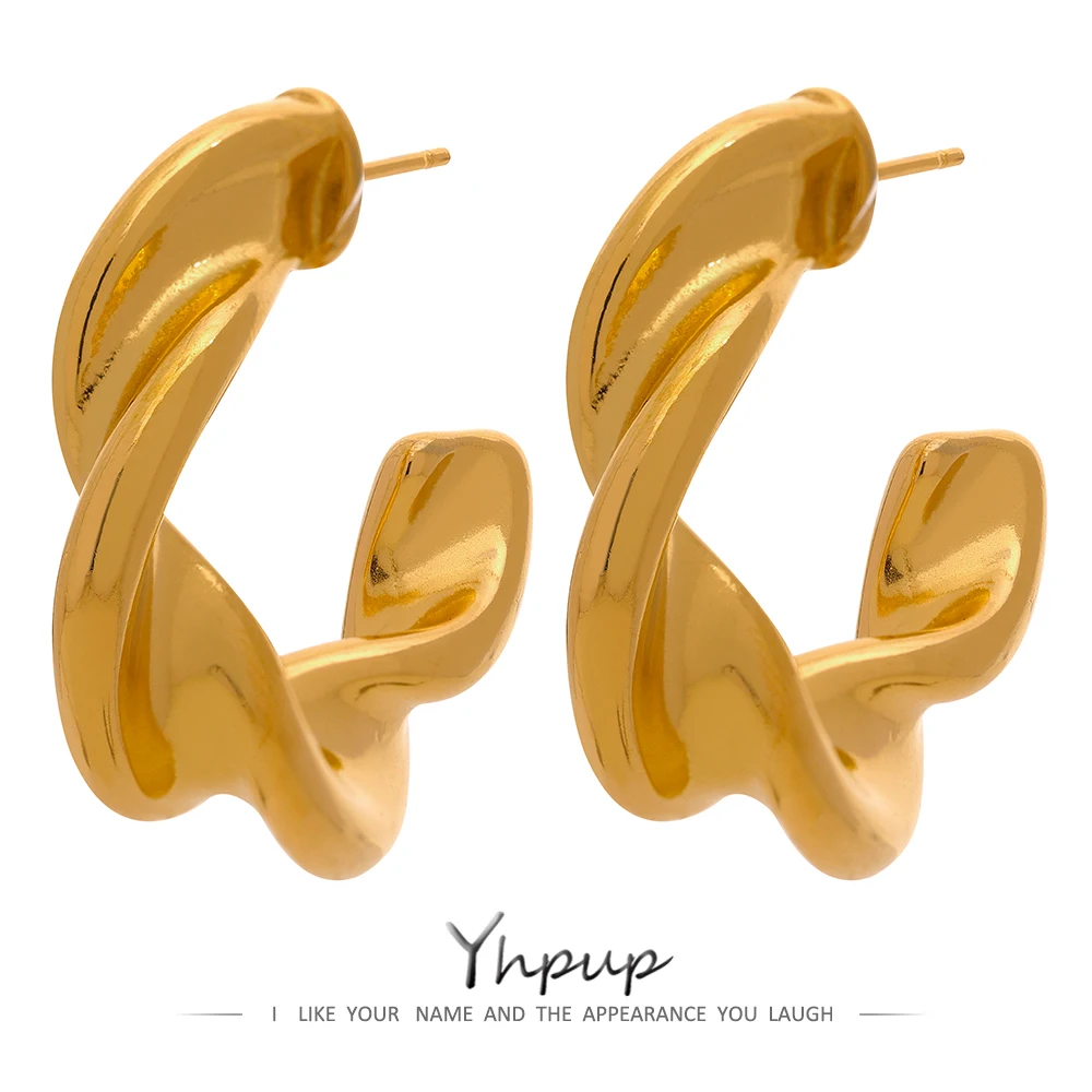 

Yhpup Twisted Thick Golden Stainless Steel Waterproof Hoop Earrings Chunky Charm Fashion Stylish Unique Cast Statement Jewelry