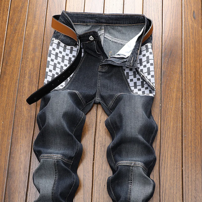 Men Jeans Streetwear Vintage Jeans Men's Mid-Waist Plaid Printed Stitching Jeans Summer Slim Hip Hop Denim Straight-Leg Pants