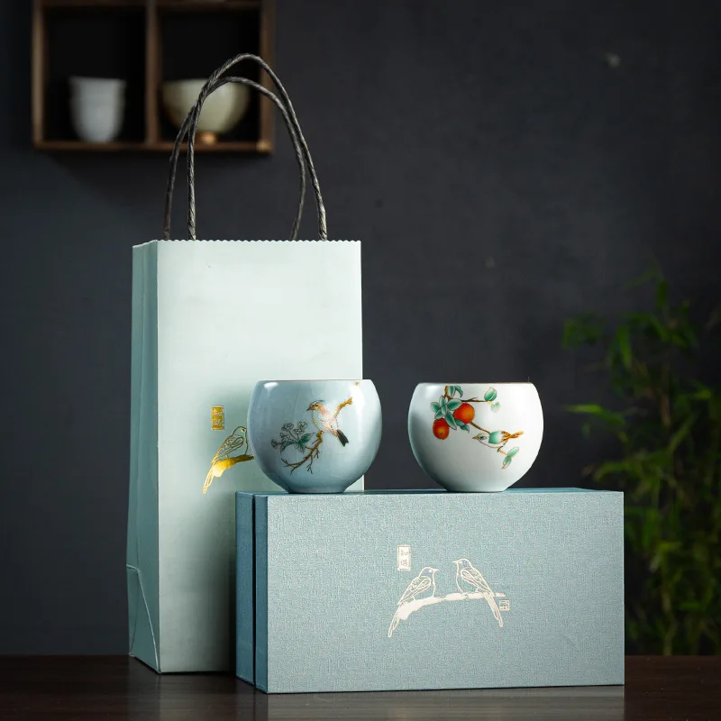 

Ru-Porcelain Tea Cup Ceramic Kung Fu Couple Cups Ru Ware Natural Crack Supportable Master Cup Persimmon Single Cup Gift Box