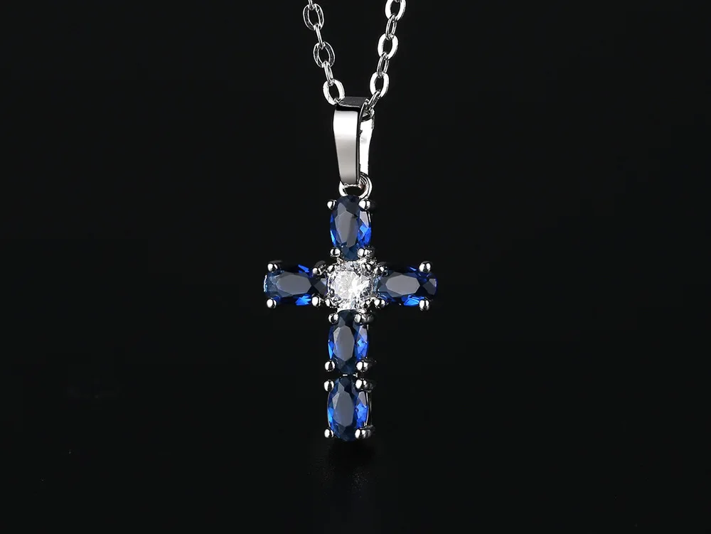 Женское Ожерелье с голубым топазом подвеска-крест | Украшения и аксессуары
