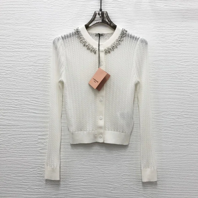 

Runway High Quality Luxury Designer Women White Hand Stud Drill O neck Long Sleeve Single-breasted Knitted Cardigan Jacket Tops
